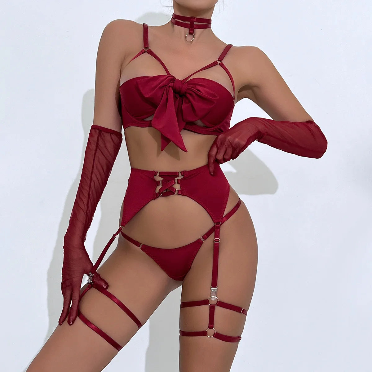 sexy lingerie set Bow bra Black Temptation Bra Set Belt Hollowed Out Gathering Four Piece underwear women Set Erotic Sleepwear