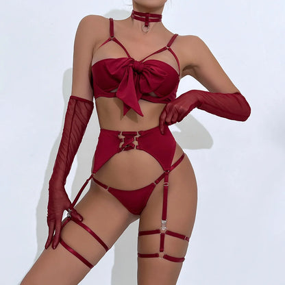 sexy lingerie set Bow bra Black Temptation Bra Set Belt Hollowed Out Gathering Four Piece underwear women Set Erotic Sleepwear