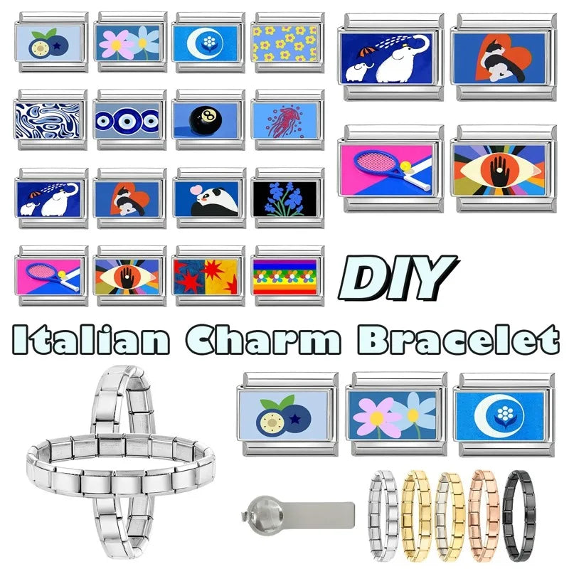 Fashion Blue NO.8 Ball Panda Elephant Cat Flower Italian Charms Fit 9mm Stainless Steel Women Fashion Bracelet DIY Jewelry Gifts