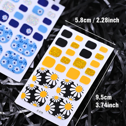 5Sheets Yellow Daisy Toenail Sticker 110Tips Full Cover Baking Free Toe Nail Wraps Elegant Flower Self-Adhesive Toe Polish Strip