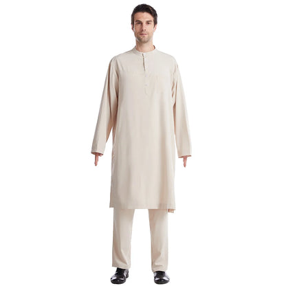 Muslim Men Jubba Thobe 2 Pice Set Top with Pant Mens Abaya Long Islamic Eid 2025 Ramadan Long Robe Saudi Wear Caftan Dubai Arab