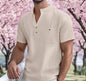 Summer Men's Cotton and Linen Shirt Casual Short Sleeved Stand Up Collar Top Breathable Loose Men's Fashionable Streetwear