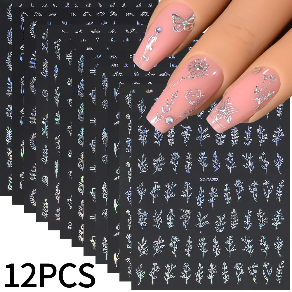 12pcs/set 3D Shiny Leaf Flower Nail Art Sticker Laer Gold Bronzing Leaves Nail Decals 8*10cm Self-Adhesive Nail Art Supplies e5#