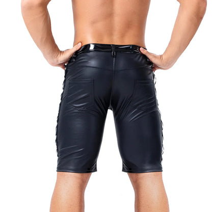 Mens Faux Leather Shorts Pants Patchwork Side Button Pocket Casual Pencil Trousers Party Clubwear Stage Pants Streetwear 2XL