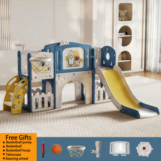 Kids Slide Toddler Slide Baby Slide for Toddlers Indoor Slide Playground Set 6 in 1 Kids Climber Slide Playset with Basketball Hoop Telescope Steering Wheel Crawl Tunnel Extra Long Slide HDPE Activity Center for 18M+ Boys Gir