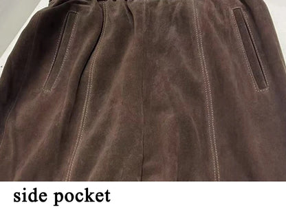 Retro Suede Leather Cropped Pants for Women Femae Genuine Leather Wide Leg Floor Long Trousers Straight Cylinder Spodnie Damskie