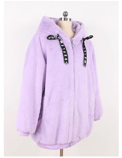 Nerazzurri Autumn Winter Sweet Cute Kawaii Soft Thick Warm Faux Fur Coat Women with Bunny Ears Cute Fluffy Jacket Hoodie 2024