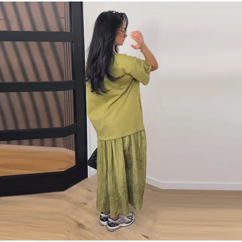 2026 Summer New Loose Patchwork Dresses Women's Pleated Fashion Short Sleeve O-neck Long Robes Female Elegant Casual Dress