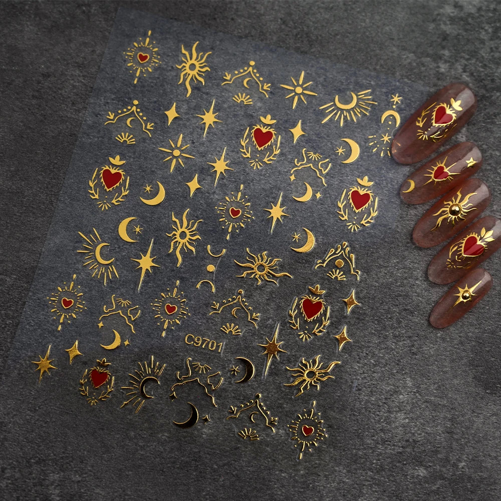 1pcs 3D Bronzing Gold Love Heart Nail Art Stickers Y2K Holographic Stars Sun Starlight DIY Nail Decals Heart Manicure Decoration