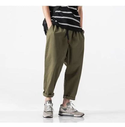 100% Cotton Casual Summer Pants With Belt Men Straight Baggy Ankle-Length Cargo Trousers Wide Leg Sweatpants Male Streetwear