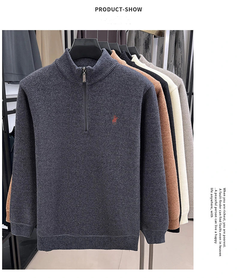 High quality half zipper knitted sweater men fashion luxury brand embroidery designer new top plush warm thick casual men's wear