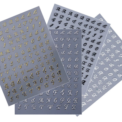 4pcs Roman Letter Nail Stickers Golden Silver Black White Alphabet Design Self Adhesive Decal English Words DIY Manicure Decor