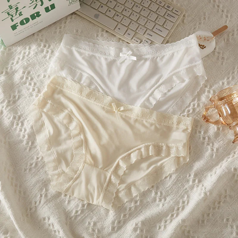 4 PCS/PACK Solid Color Women's Panties Mid-Waist Breathable Comfort Sexy Antibacterial Lace Innerwear