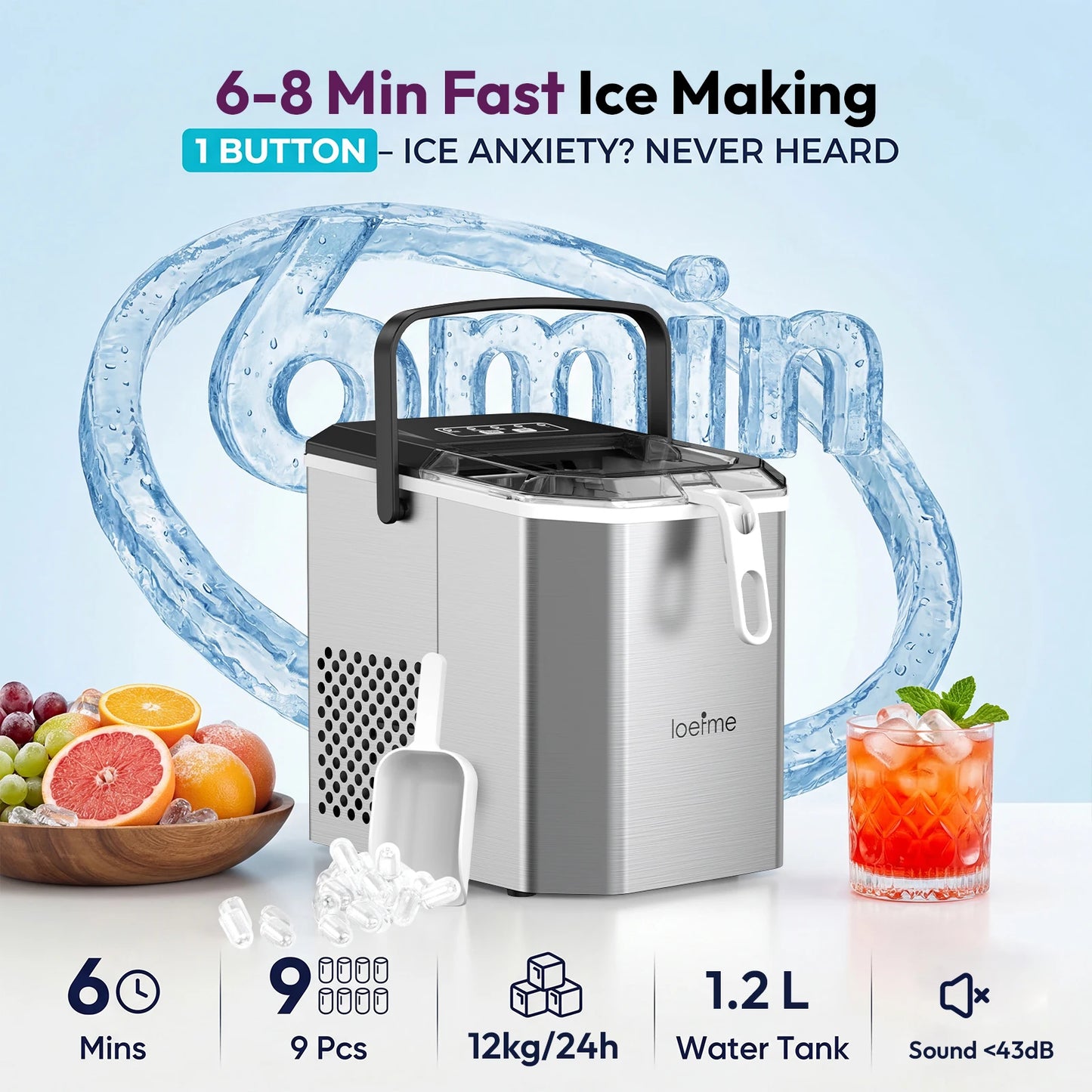 LOEFME Portable Ice Maker 1.4L 12kg/24H Fast Ice Cube Machine Self Cleaning Countertop Ice Maker for Home Kitchen Office Camping RV Party Bar Automatic Ice Making Machine Low Noise Energy Saving Easy Operation Large Capacity