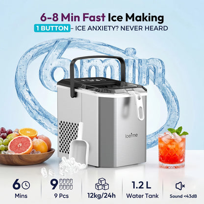 LOEFME Portable Ice Maker 1.4L 12kg/24H Fast Ice Cube Machine Self Cleaning Countertop Ice Maker for Home Kitchen Office Camping RV Party Bar Automatic Ice Making Machine Low Noise Energy Saving Easy Operation Large Capacity