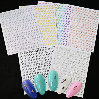 1Pc 3D Roman Letter Nail Stickers Gold/Silver/Black/Laser Alphabet Self Adhesive Decal Y2K English Words/Number Manicure Sliders