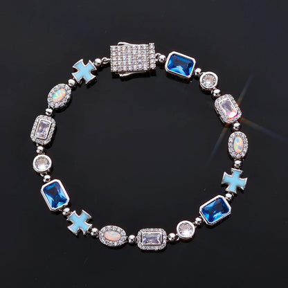 ESKEEM 6mm Geometric Blue Gemstone Necklace Oil Drip Cross Pendant Iced Out CZ Stones Opal Chain Hip Hop Jewelry Men Women Gift
