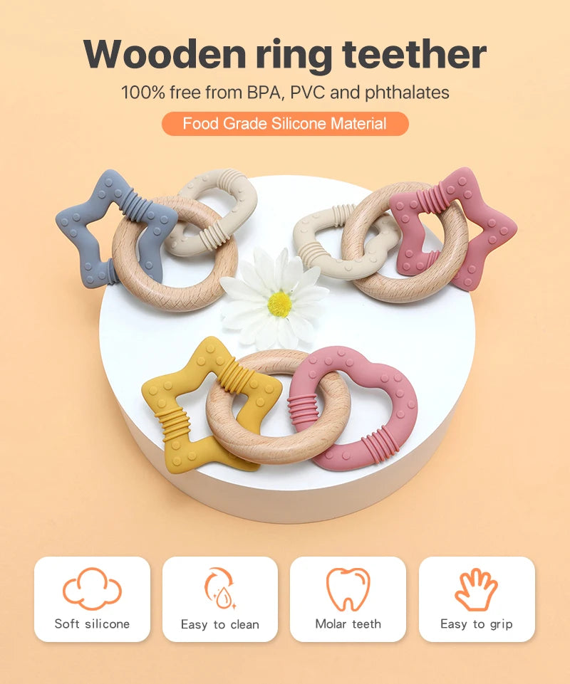 Silicone Star and Heart Teether with Teething Wooden Ring Baby Rattle Toy