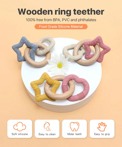 Silicone Star and Heart Teether with Teething Wooden Ring Baby Rattle Toy