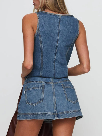 Women's Tie Front Denim Jean Vest Top and Mini Skirt 2-Piece Set Summer Trendy Going Out Outfits Clothes Summer Chic Streetwear