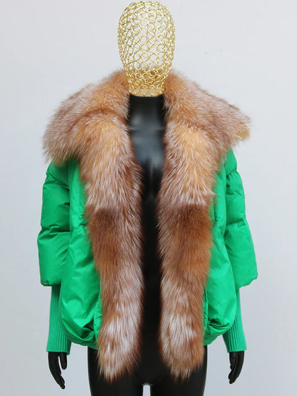 2024 Winter Women Warm Coat Oversized Real Fox Fur Collar Thick Luxury Outerwear New Fashion 90% Goose Down Jacket