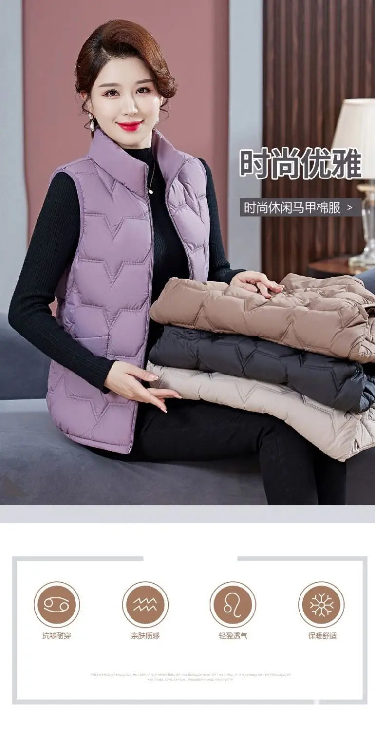 Fashion Women Down Cotton Jackets Vests Solid Stand Collar Zipper Cardigan Thicken Autumn Winter Warm Casual Sleeveless Coats