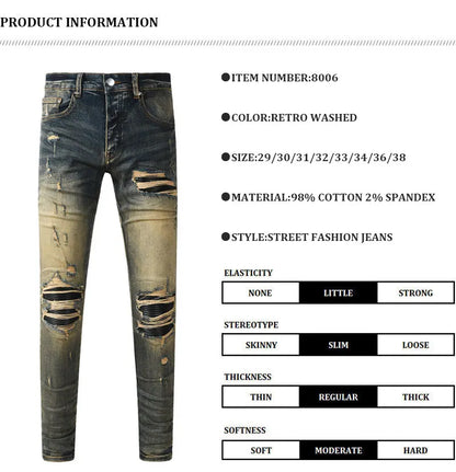Y2k New Men's Jeans Washed Nostalgic Perforated Black Leather Patch Deep Blue Jeans High Street Designer Hip-Hop Brand High-Qual