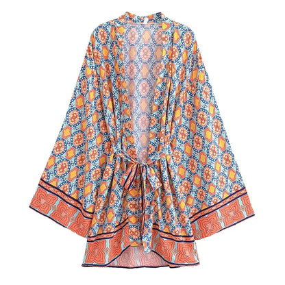 Boho Queens Vintage Peacock Floral Print Sashes Beach Kimono Women Bohemian Wrap Batwing Sleeves Holiday Bikini Cover-ups