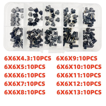 10 Models =100Pcs 6*6 Light Micro Touch Switch Set Push Button Switch Kit Height: 6*6*4.3MM~13MM  DIP SMD 2P/4P 6x6 Keys Tact