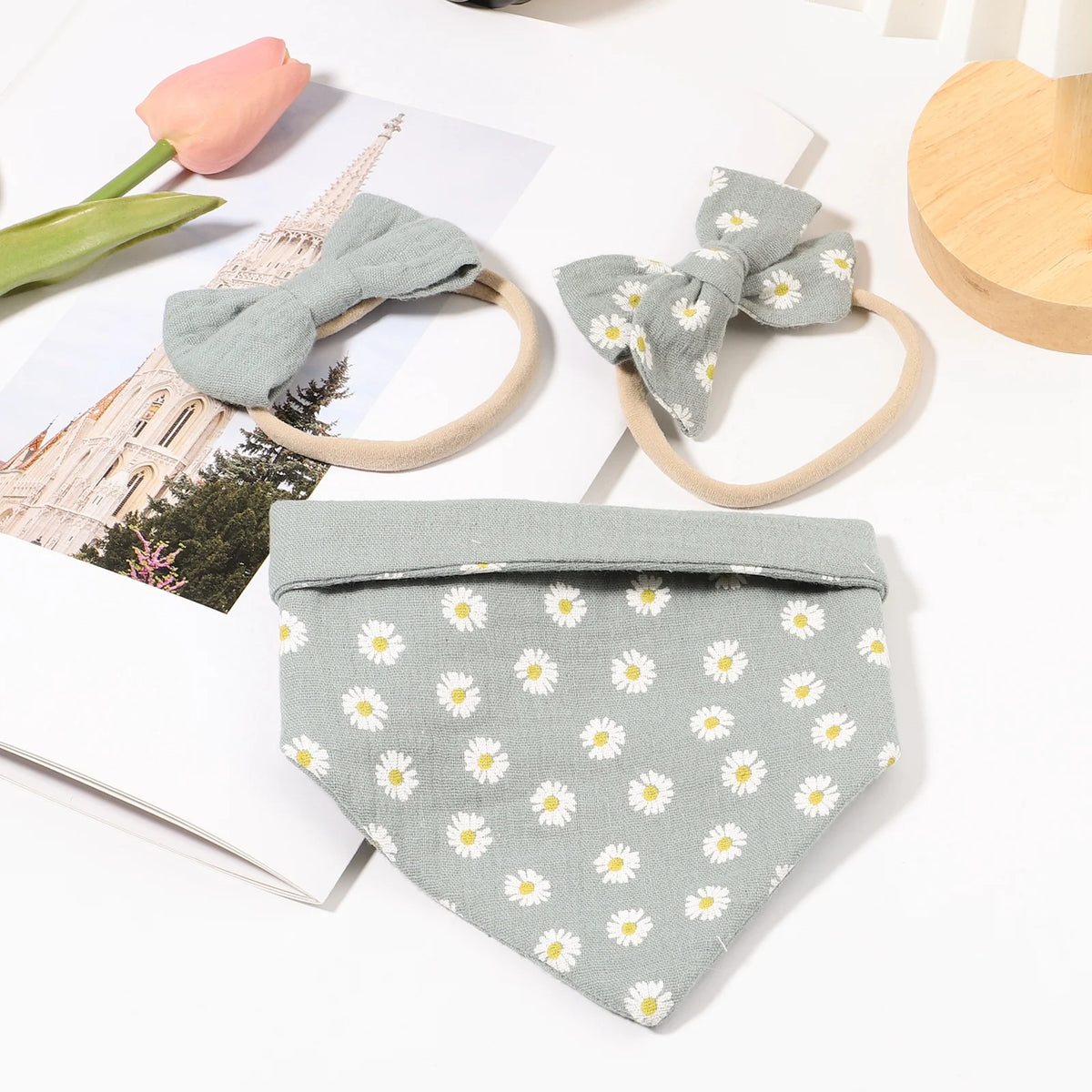 3Pcs/Set Muslin Cotton Print Bib Newborn Bows Headband Triangle Saliva Towel Infant Boy Girl Feeding Burp Baby Hair Accessories