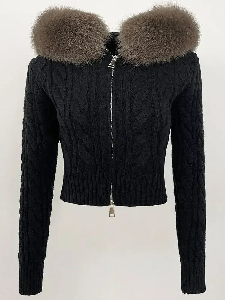 Fashion Natural Fox Fur Collar with Knitted Sweater Women Casual Sweater 2025 New Spring Autumn Slim Fit Elastic Oversized Coat
