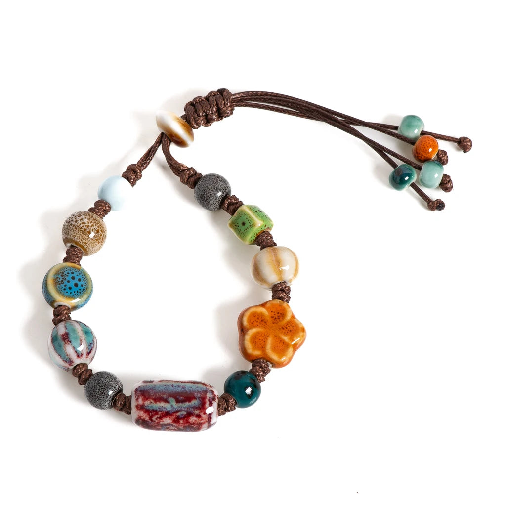 Handmade Ceramic Beaded Bracelet Adjustable Boho Woven Jewelry Vintage Ethnic Style Gift for Women Fashion Accessories S02-035
