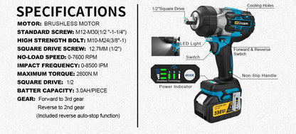 Gisam 2800N.M Brushless Electric Wrench 1/2 Inch Cordless Impact Wrench Electirc Screwdriver Drill For Makita 18V Battery Pin