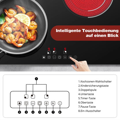 6000W Built-in Ceramic Hob, 4 Zone Induction Cooktop with Touch Control, 9 Power Levels, Timer & Child Lock, 60cm Black Glass