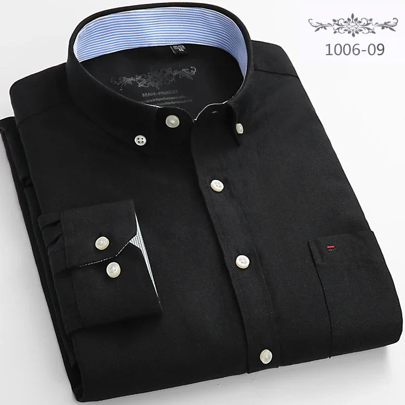 Classic Fit Cotton Full Casual Shirts for Men Solid Color Long-Sleeve Plain Shirt Single Pocket Top Soft Slim Fit Formal Clothes