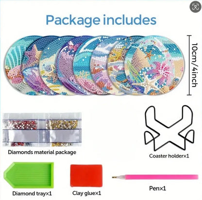 8pcs/Set DIY Diamond Painting Coasters with Holder Anti Slip Wood Drip Mats Crystal Rhinestones Diamond Art Coasters for Adults