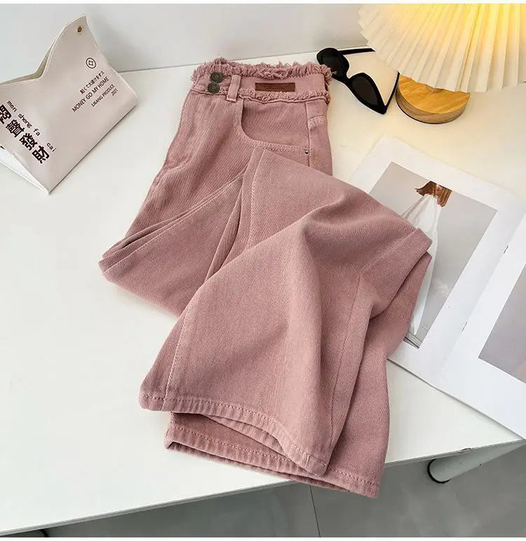 Korean Style Pink Jeans Women Spring Autumn High Waist Raw Edge Straight Denim Pants Simple Gentle All-matched Wide Leg Pants