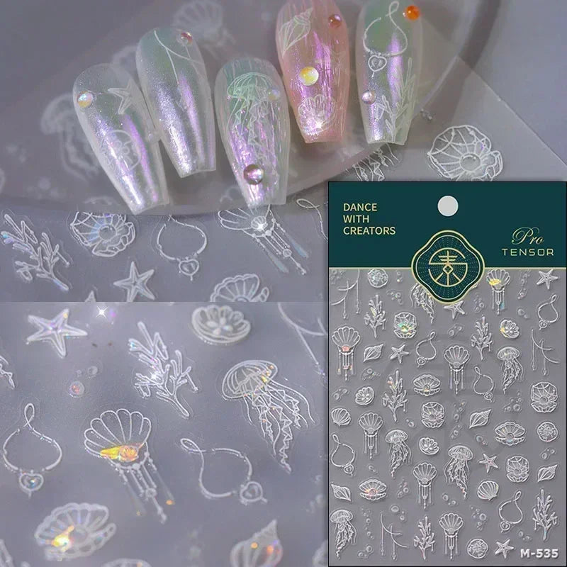 Colorful Bagful Jellyfish Bubbles Swimming Rings Rainbow Stars Ocean Starfish Self Adhesive 5D Nail Art Sticker Manicure Decal