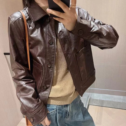 British Style Lapel Genuine Leather Jackets for Women Fashion Single-breasted Pockets Female Brown Casual Short Sheepskin Jacket