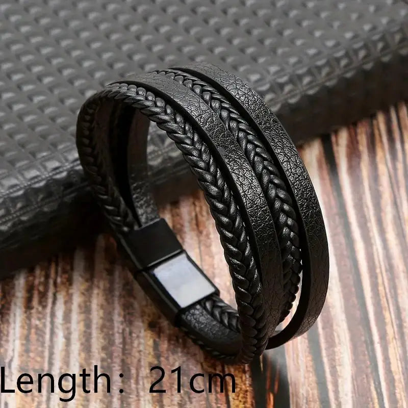 21cm Trendy Leather Bracelets Men Stainless Steel Multilayer Braided Rope Bracelets For Male Bracelets Jewelry
