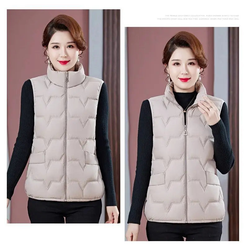 Fashion Women Down Cotton Jackets Vests Solid Stand Collar Zipper Cardigan Thicken Autumn Winter Warm Casual Sleeveless Coats