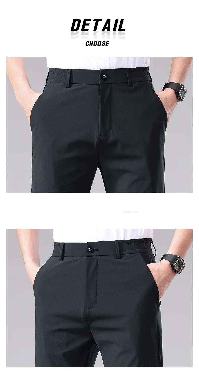 Ultra-thin Elastic Men's Casual Trousers Summer Quick-drying Ice Silk Slim Straight Business Solid Color Y2K Trousers Black Gray