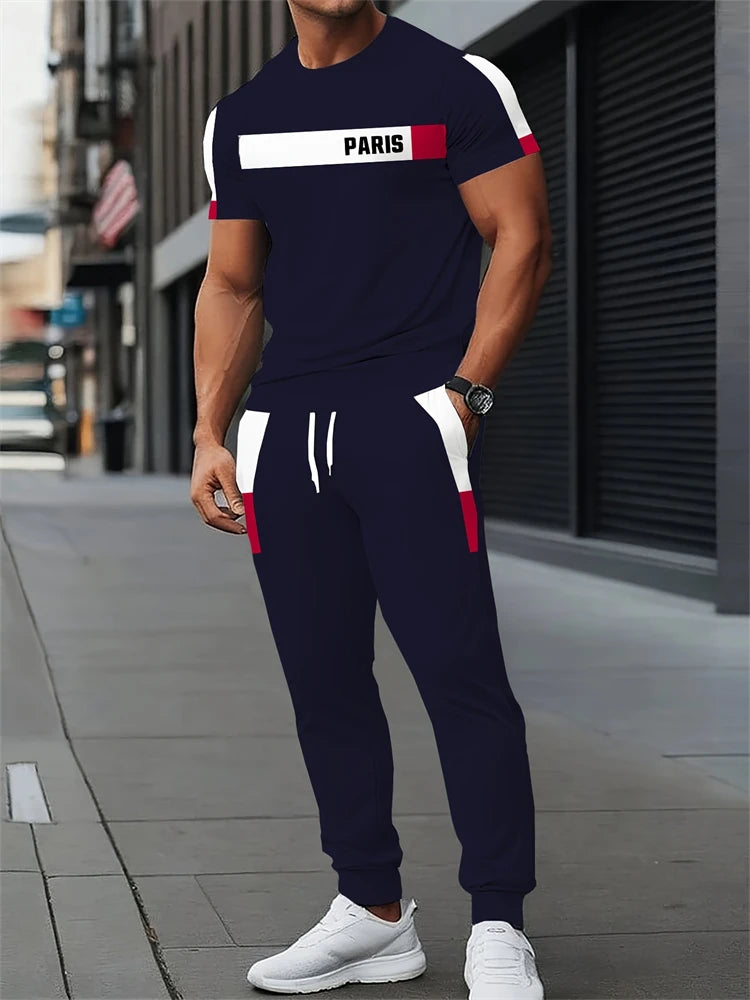 New Men's Letter Print Two-piece Set Outdoor Casual Round Neck Short Sleeve Drawstring Long Pants Plus Size Loose Fit Outfit