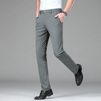 New Summer Men's Ice Silk High Stretch Business Suit Pants Male Army Green Blue Elastic Formal Office Straight Formal Trousers