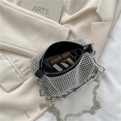 HOMEFISH Sparkling Rhinestone Bucket Bag, Chain Decor Party Clutch Purse, Female Mini Crossbody Bag