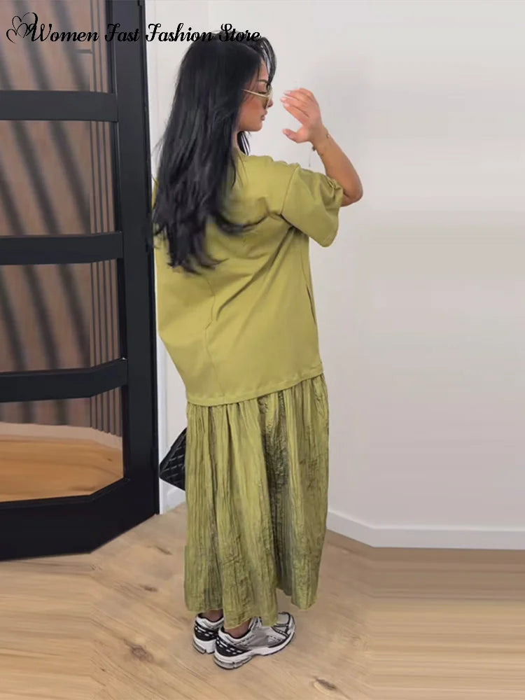 2026 Summer New Loose Patchwork Dresses Women's Pleated Fashion Short Sleeve O-neck Long Robes Female Elegant Casual Dress