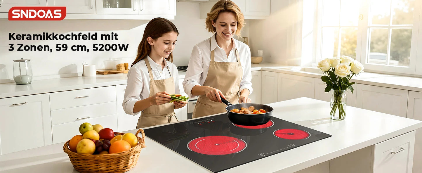 6000W Built-in Ceramic Hob, 4 Zone Induction Cooktop with Touch Control, 9 Power Levels, Timer & Child Lock, 60cm Black Glass