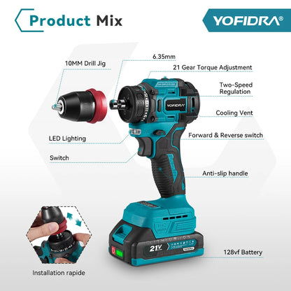 YOFIDRA 2 In 1 Brushless Electric Screwdriver Handheld Hexagonal Drill Screw Driver Home Power Tool Set For Makita Battery Pin