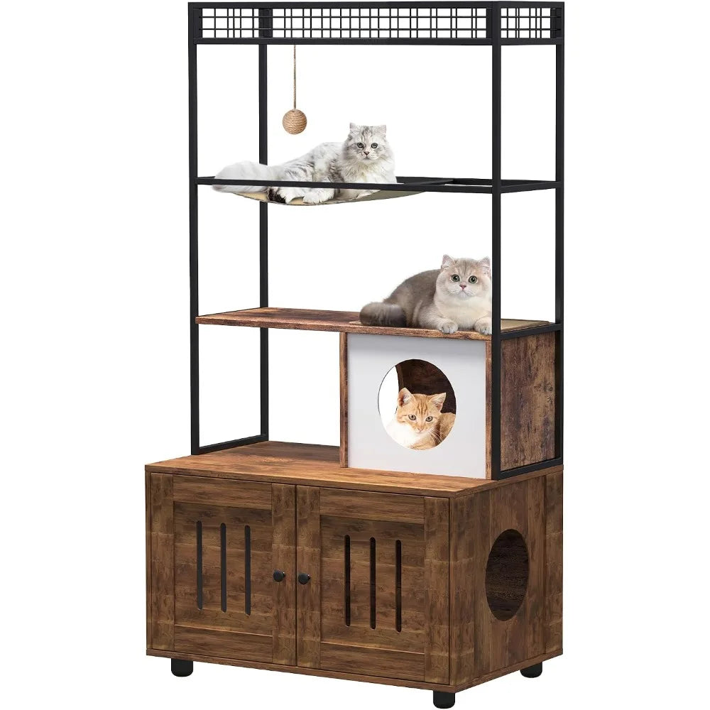 Garvee Cat Litter Box Cabinet with Cat Tree, Large Wooden Cat Furniture with Storage Compartment, Cave, Hammock & Play Ball, Corner Cat Bed for Safe & Cozy Resting