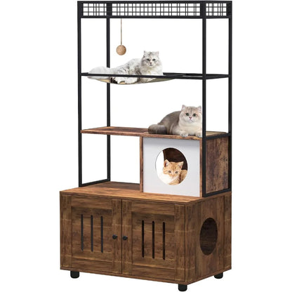 Garvee Cat Litter Box Cabinet with Cat Tree, Large Wooden Cat Furniture with Storage Compartment, Cave, Hammock & Play Ball, Corner Cat Bed for Safe & Cozy Resting